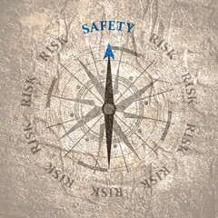 The needle of compass points to the word safety ignoring the words risk. Risk avoidance, reduction and management.