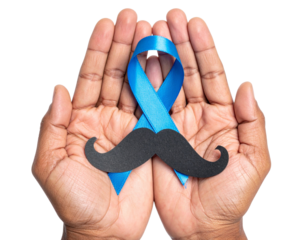 Top View of Male Hand with Blue Awareness Ribbon and Mustache Symbol, Transparent Background.