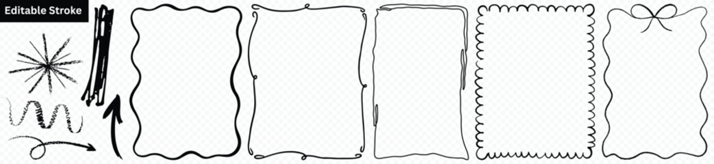 Hand Drawn Doodle Frames and Line Elements Set with Editable Stroke.