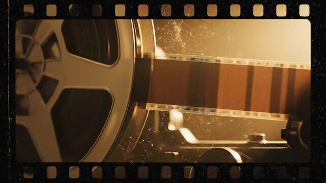 Vintage film reel and strip with sepia tone effect on a dark background.