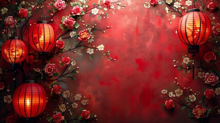 Obraz premium Red Chinese Lanterns and Floral Wall for Lunar New Year Celebration