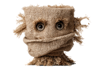 Creepy burlap doll head with stitched smile