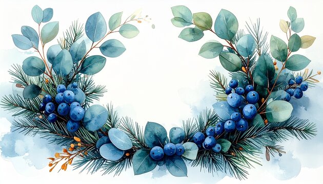 Modern Watercolor Scandinavian Geometric Winter Wreath Border