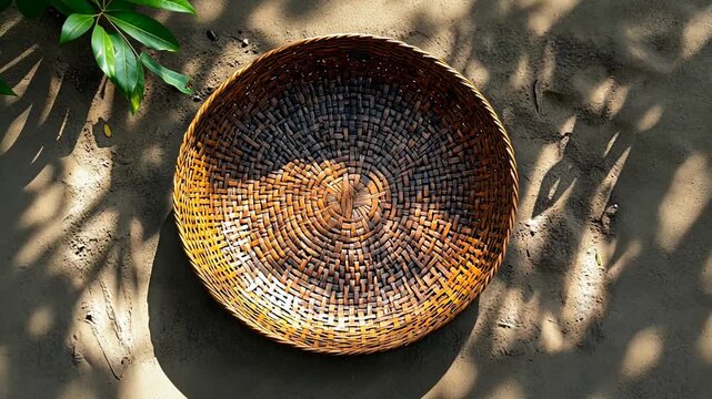 A top-down close-up shows a brown wicker basket on sand, with sunlight creating shadows and highlighting its woven texture.