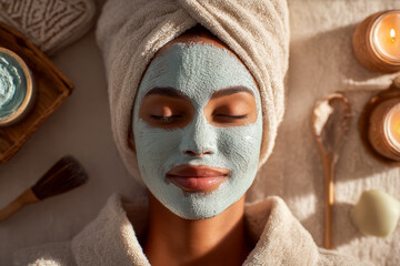Woman enjoying a calming spa day with a clay face mask, wrapped in a towel and robe amidst warm candlelight and skincare tools for relaxation and self-care
