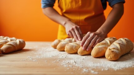 An artisan baker shapes loaves of bread on a flour-dusted wooden table wide banner - orange background