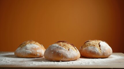 An artisan baker shapes loaves of bread on a flour-dusted wooden table wide banner - orange background
