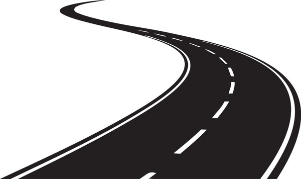 Winding black asphalt road graphic curves dramatically into bright white empty space symbolizing future journey or progress