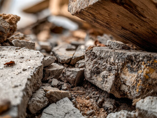 Close-up of broken bricks and debris from construction materials on the ground