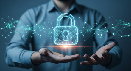 Man holding glowing digital padlock symbolizing online security and data protection