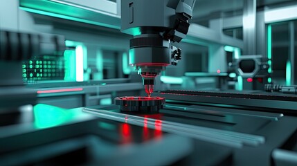 high-tech quality control station where a laser scanner meticulously checks a newly manufactured metal part for imperfections. Glowing red and green lights indicate tolerance levels.