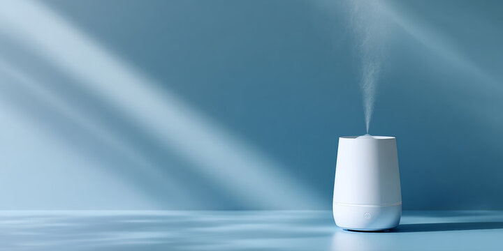 Minimalist white ultrasonic humidifier releasing mist on smooth blue surface with soft natural light and shadows
