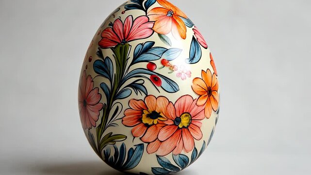A close-up shot showcases a hand-painted Easter egg with a vibrant floral pattern, perfect for spring holiday celebrations.