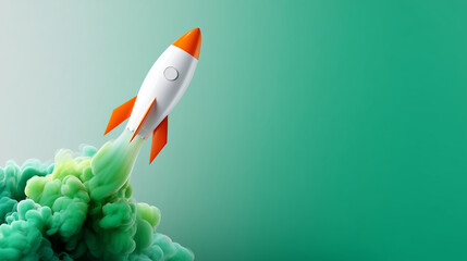 smooth flat vector illustration of a sleek stylized rocket taking off diagonally, leaving a smooth trail of emerald green smoke, soft gradients, vibrant startup colors, minimalisti