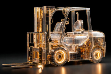 Futuristic digital rendering of a forklift truck with glowing wireframe design
