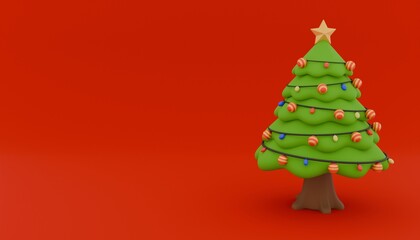 A festive 3D illustration featuring a decorated Christmas tree with colorful ornaments, string lights, snow elements, and gift boxes.

