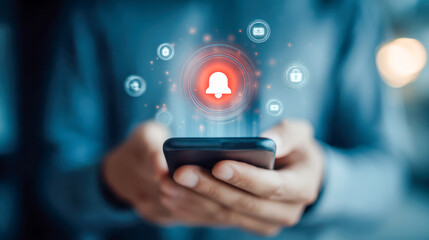 Person holding smartphone with glowing notification icon and digital symbols representing security and messaging in a blurred background