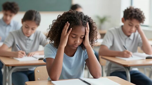 Students Struggling with Homework in Classroom Setting, Showing Stress and Concentration During Study Time