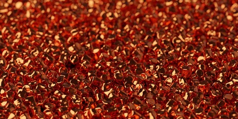 Raw copper pellets or wire cuts heap with selective focus, industrial manufacturing process background