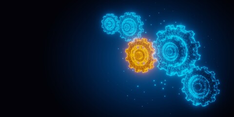 Group of blue wireframe gears or cogwheels with one orange on black background with copy space, technolgy, engineering or teamwork business background concept