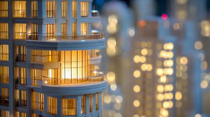 Architectural model showing a detailed modern high-rise building facade illuminated at night with a blurred cityscape of glowing windows in the background creating a