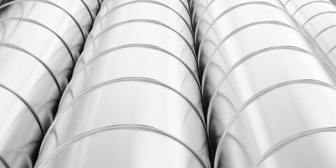 Row of vertical silver spiral steel pipes or pipeline tubes close up, industry or construction background