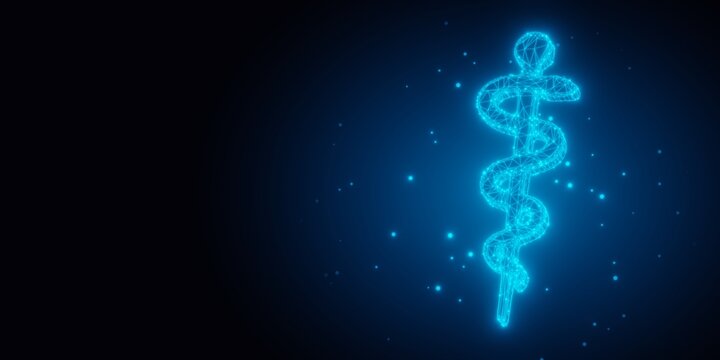 Blue glowing wireframe rod of asclepius on dark black background with copy space, medical template concept