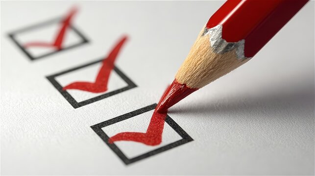 A close-up of a red pencil marking a checklist with checkmarks, symbolizing task completion and organization.