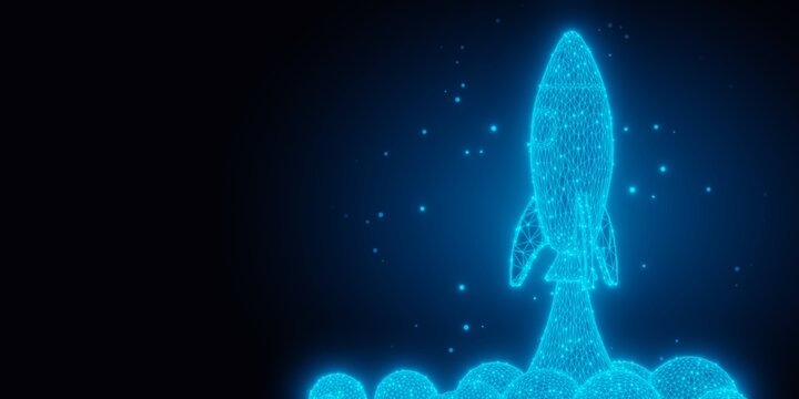 Blue wireframe rocket with exhaust flames and smoke on dark black background with copy space, start up, business success or innovation idea concept