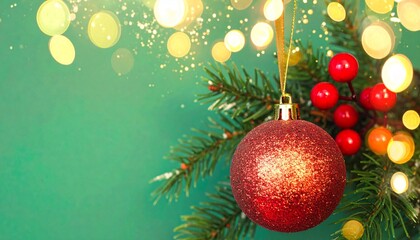 Decoraci&oacute;n navide&ntilde;a elegante con ramas de abeto, bolas rojas ornamentales y bayas, sobre un fondo verde con luces doradas desenfocadas. Composici&oacute;n festiva, c&aacute;lida y equilibrada, ideal para dise&ntilde;os de