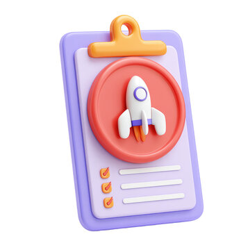 3D clipboard icon with rocket launch symbol