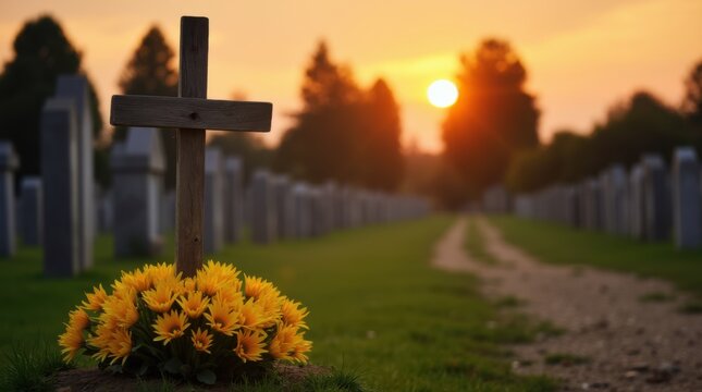 Christian grave marker with wooden cross surrounded by fresh yellow flowers creates somber memorial scene on cemetery path at sunset 
