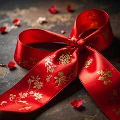 A vibrant red satin ribbon with intricate gold floral patterns tied in a bow, surrounded by small red blossoms on a dark textured surface.
