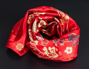 A vibrant red silk scarf with intricate gold and blue floral patterns, elegantly rolled on a dark background.