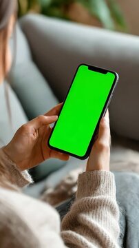 Woman holds mobile cell phone with green screen display. Modern technology for social media, entertainment, communication during leisure time. Online shopping with chroma key cellphone. Vertical.