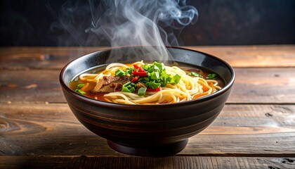 A steaming bowl of hot ramen noodle soup with chicken, green onions, and red chili on a rustic wooden table.