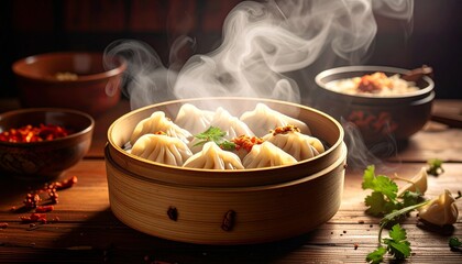 Steaming hot dumplings in a bamboo steamer on a rustic wooden table, with chili flakes and rice in the background.