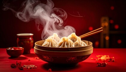 Steaming hot Chinese soup dumplings (xiao long bao) in a bamboo steamer with chopsticks on a vibrant red background.