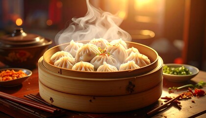 Steaming hot dumplings served in a traditional bamboo steamer on a wooden table with chopsticks and condiments.