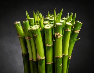 Close-up view of vibrant green lucky bamboo stalks against a dark background, showcasing their natural beauty and fresh growth.