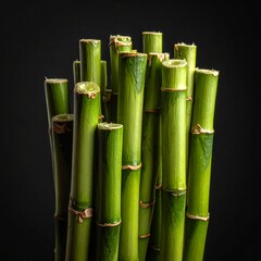 Close-up view of vibrant green bamboo stalks against a dark background, showing natural textures and nodes.