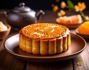 A beautifully crafted mooncake with intricate patterns on a wooden plate, accompanied by a teapot and other treats, set on a dark wooden table.