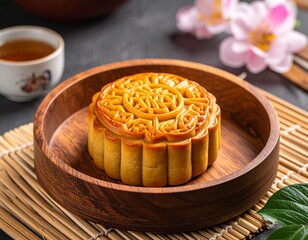 A beautifully crafted traditional Chinese mooncake with intricate patterns on a wooden plate, served with tea and flowers.