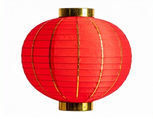 A vibrant red Chinese paper lantern with golden accents, illuminated against a clean white background, symbolizing celebration and good fortune.