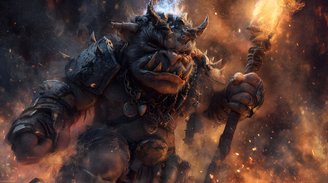 Ferocious goblin warlord with fiery eyes and jagged armor in intense battle scene