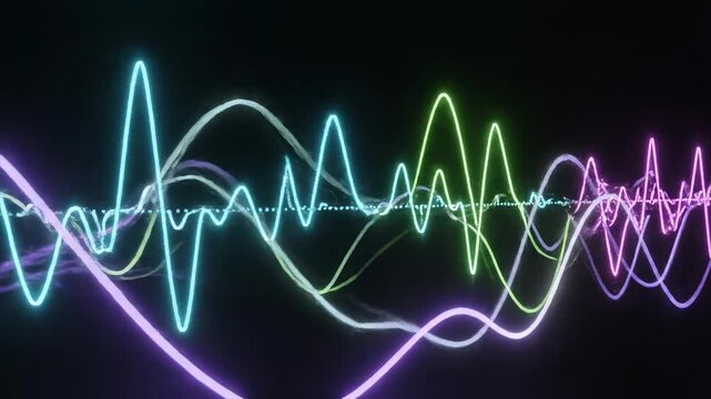 Complex digital sine wave analysis displaying frequency fluctuation and amplitude movement across a dark background modern, musical, seamless loop