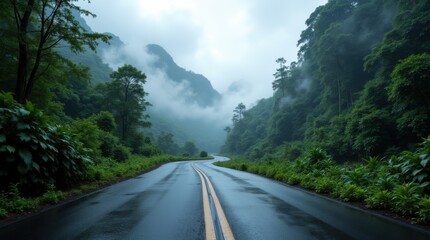 Embark on a misty mountain journey down a wet, empty road winding through lush green rainforest with dramatic clouds overhead 
