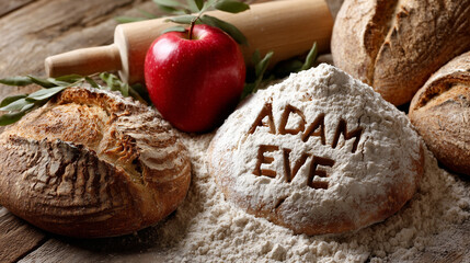 top view, Flour is spread out on a wooden table, and in the pile is written the word "ADAM EVE". Next to the flour sits a red apple and a big rolling pin, and all around it are a l