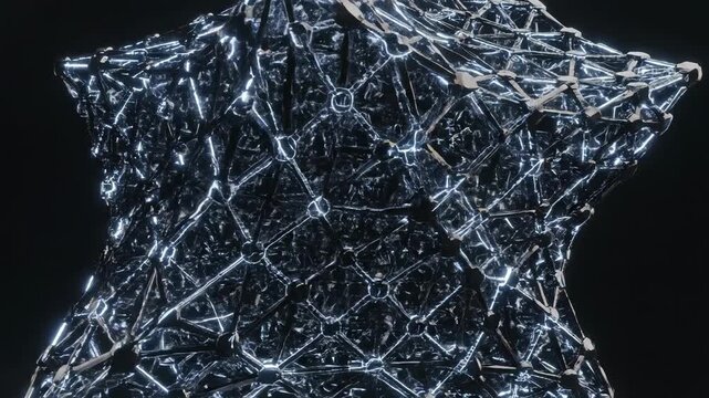 Complex geometric lattice structure seamlessly unfolds and rotates in a dark void, revealing unseen interlocking patterns of light and shadow network, architecture, 3D