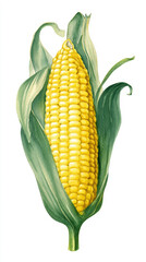 Vibrant botanical of a fresh yellow ear of corn with green husks, perfect for harvest, isolated on white background